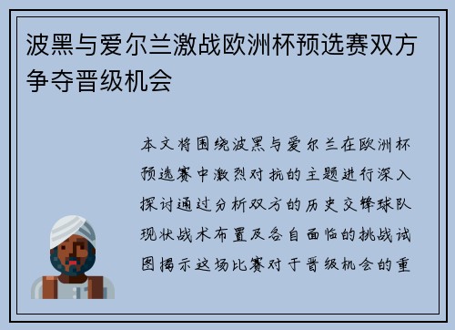 波黑与爱尔兰激战欧洲杯预选赛双方争夺晋级机会
