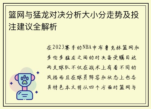 篮网与猛龙对决分析大小分走势及投注建议全解析
